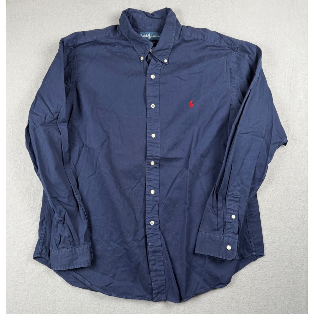 Vintage Ralph Lauren Mens XXL Classic Fit Navy Blue Button Down Shirt Red Pony